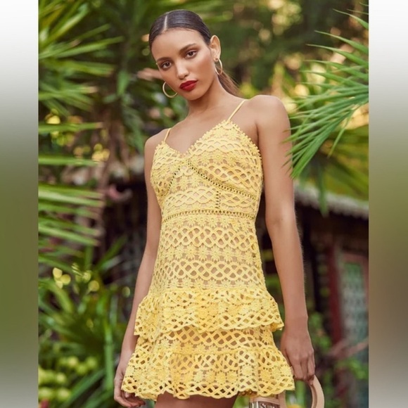Lulus Dresses & Skirts - NWT Lulu’s Crochet Tiered Butter Yellow Garden Fairy Mini Dress size Large